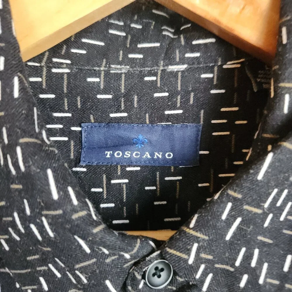 Toscano Silk Blend Men's Button Up Shirt Short Sleeve Large Black EUC Geometric - Picture 4 of 10